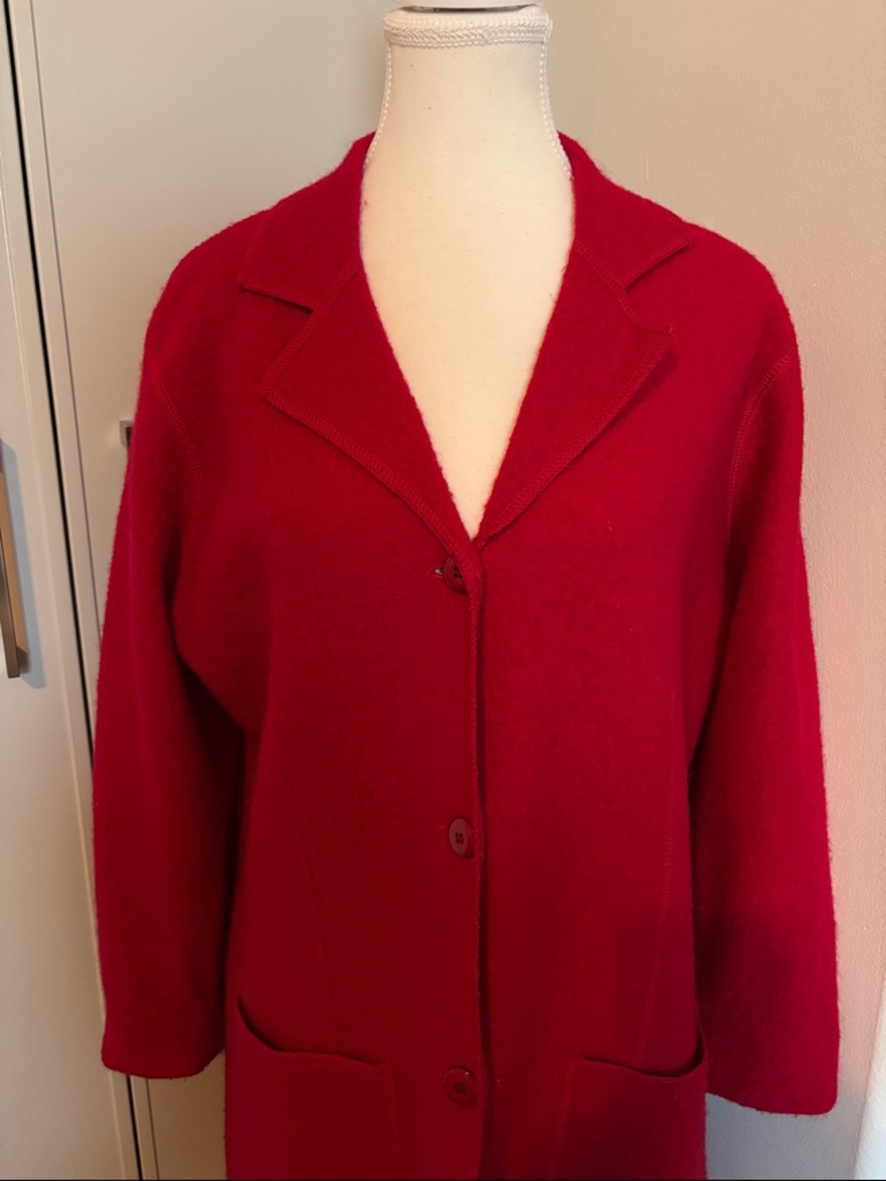 Silk Club Red Long Open Collar Coat 100%Wool Lightweight - Picture 2 of 9